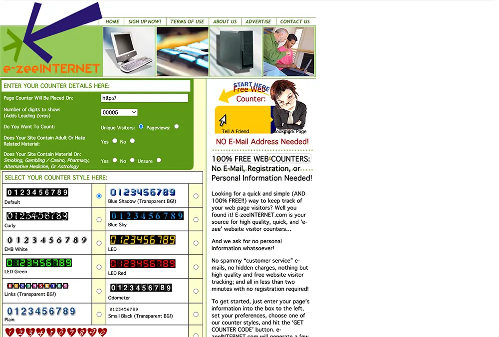 e-ZeeInternet homepage as it appeared between 2003 and 2013, featuring a green header and free counter signup form